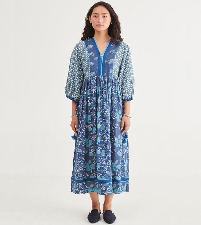 prakriti jaipur indigo floral midi dress