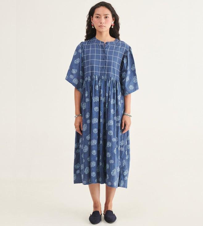 prakriti jaipur indigo floral checks midi dress