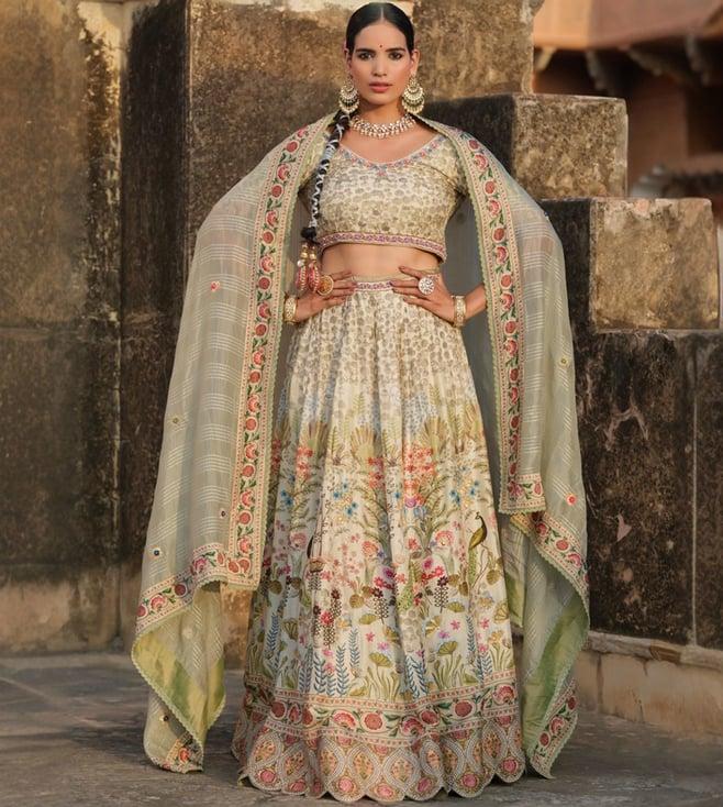 scakhi pista green raw silk hand painted floral print with embroidery lehenga and choli with dupatta