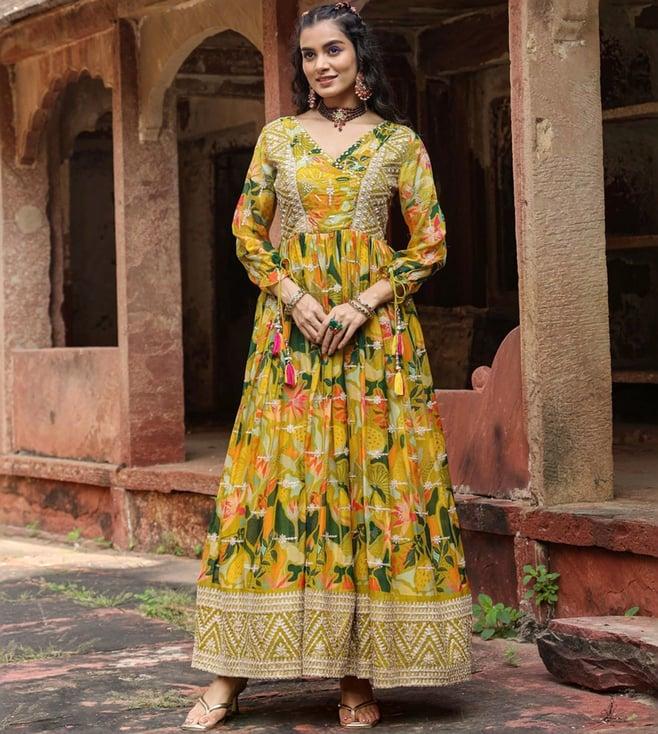 scakhi lime green organza floral print & gota work gathered angrakha gown