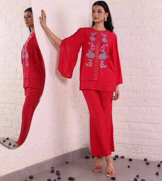 autumnlane red konkana crimson cotton top with pant co-ord set