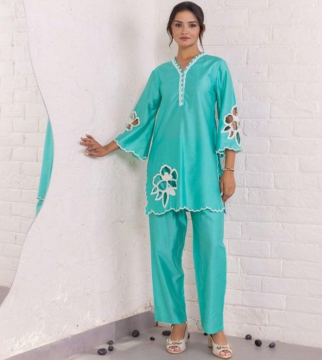 autumnlane teal konkana celeste cotton top with pant co-ord set