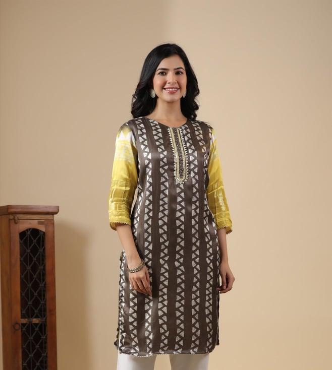 scakhi brown & yellow gaji silk printed kurta