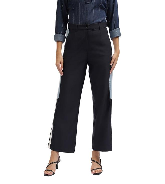 iconic navy color-blocked regular fit pleated trousers