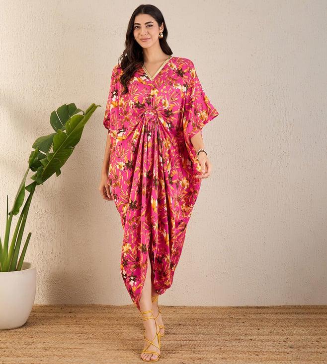 first resort by ramola bachchan fuchsia and bronze floral full length kaftan