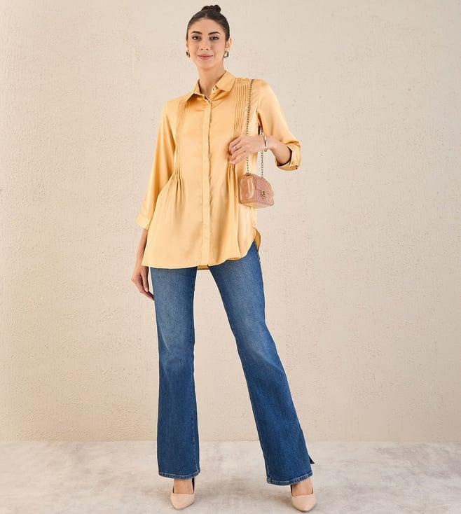 first resort by ramola bachchan golden yellow pintucked satin shirt