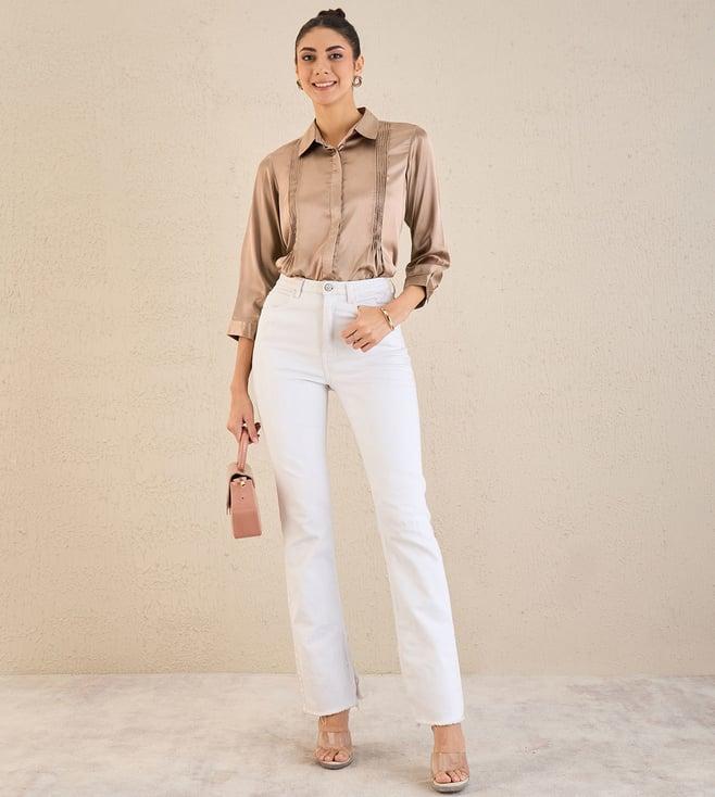 first resort by ramola bachchan hazel brown pintucked satin shirt