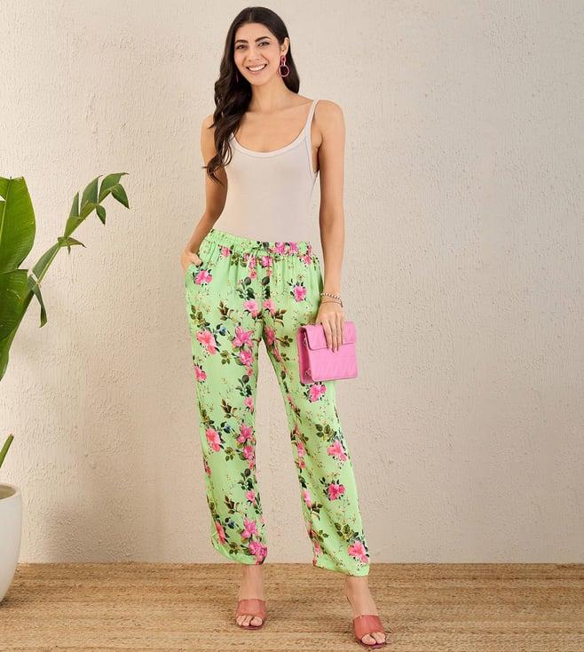 first resort by ramola bachchan mint green and pink garden print straight pants