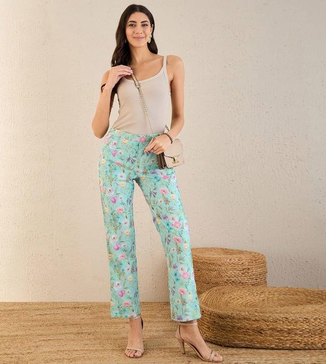 first resort by ramola bachchan aquamarine floral print schiffli straight pants