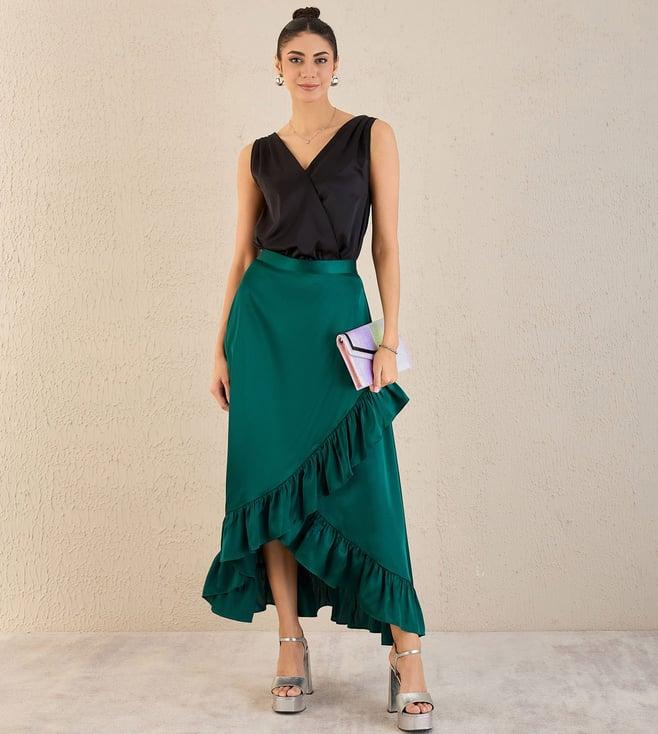 first resort by ramola bachchan teal satin frill long skirt