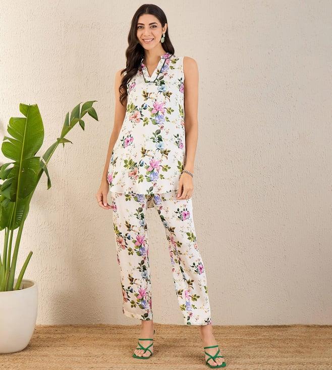 first resort by ramola bachchan white and pink garden print sleeveless co-ordinate set