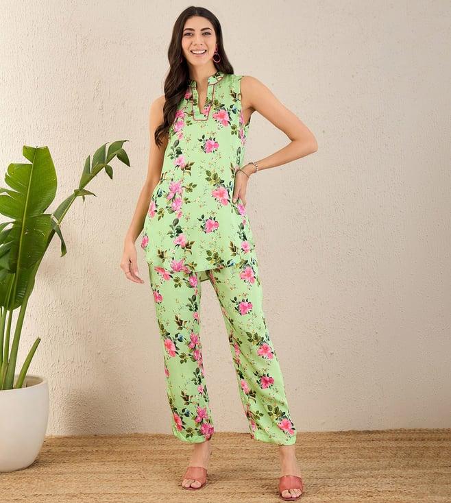 first resort by ramola bachchan mint green and pink garden print sleeveless co-ordinate set