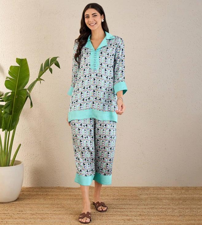 first resort by ramola bachchan aqua and grey geometric print co-ordinate set