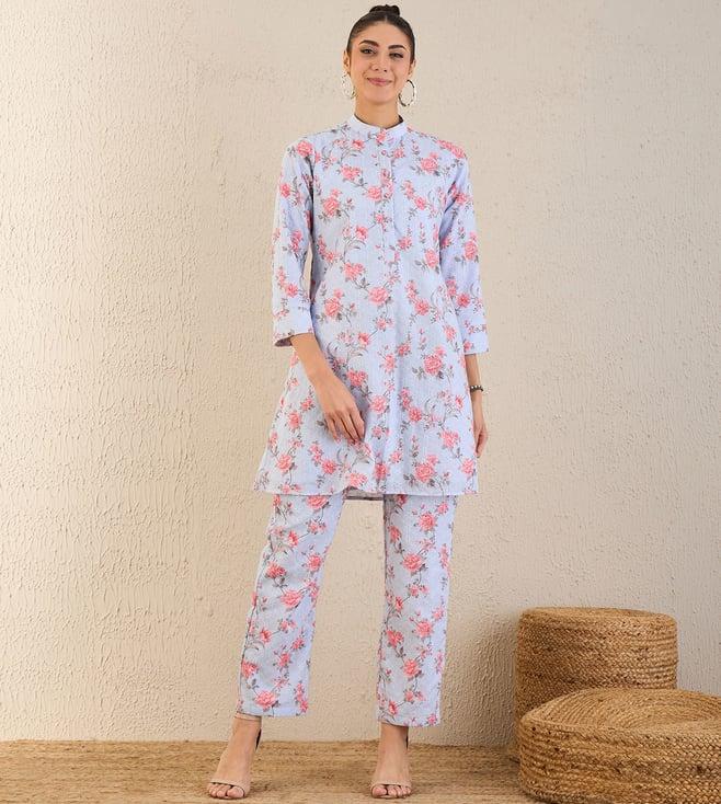 first resort by ramola bachchan ice blue and pink floral print schiffli co-ordinate set