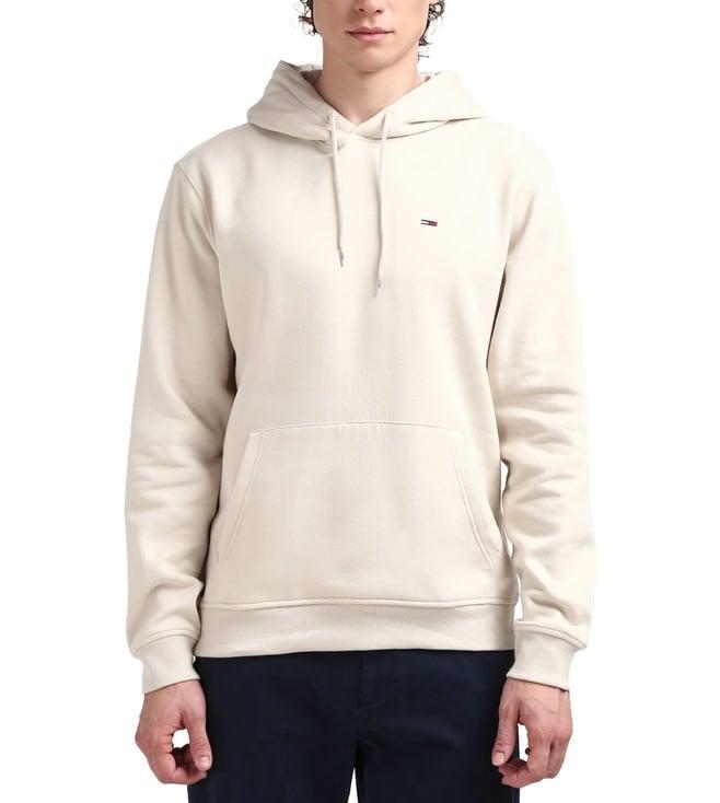 tommy hilfiger men beige solid hooded sweatshirt