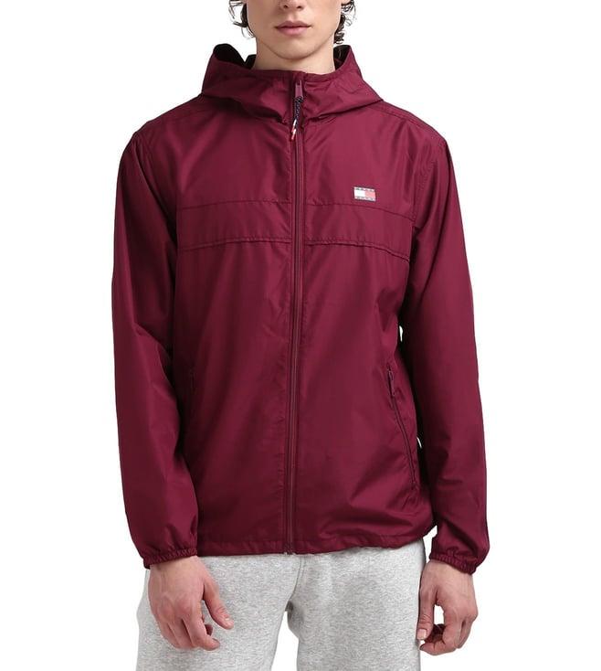 tommy hilfiger men wine solid hooded jacket