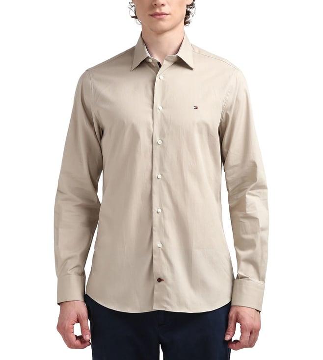 tommy hilfiger men beige solid spread collar shirt