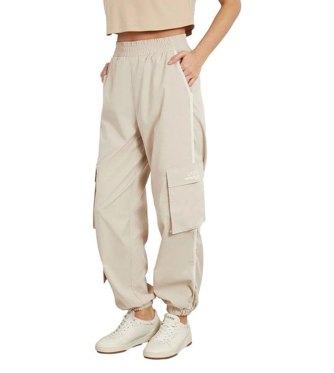 guess women's taupe polyester solid regular fit cargo pant