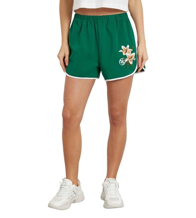 guess women's green cotton printed loose fit shorts