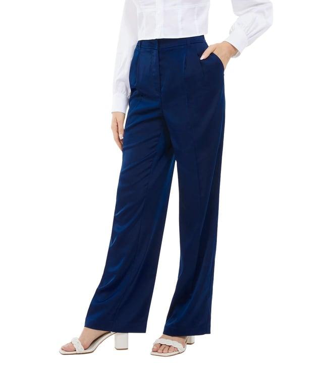 guess women's blue polyester solid regular fit trouser