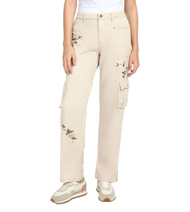 guess women's beige lyocell embroidered regular fit cargo pant