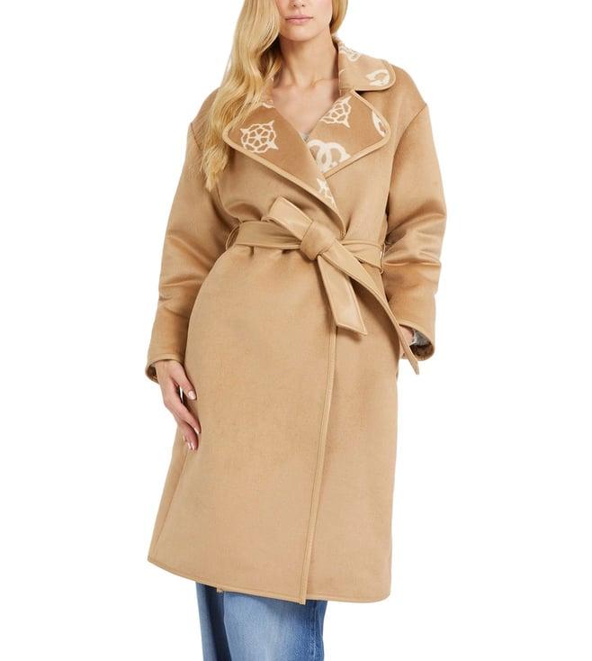 guess women's brown polyester solid regular fit trench coat