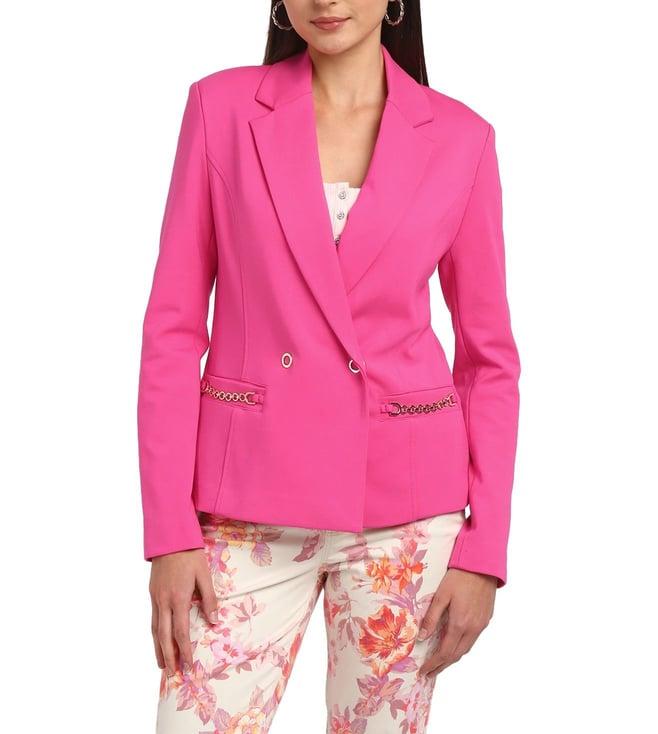 guess women's pink viscose solid regular fit notched lapel full sleeve blazer