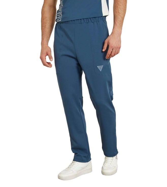 guess men's blue polyester solid regular fit trackpants