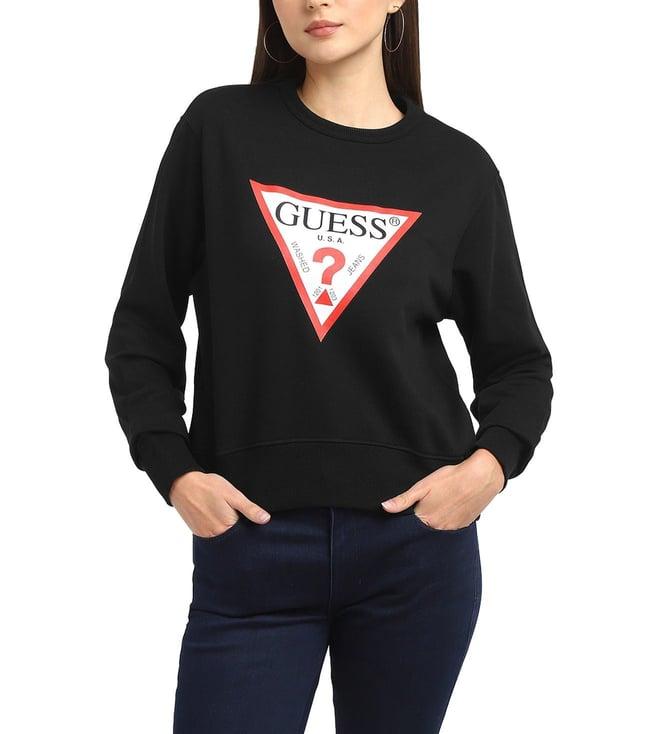 guess women's black polycotton printed regular fit round neck full sleeve sweatshirt