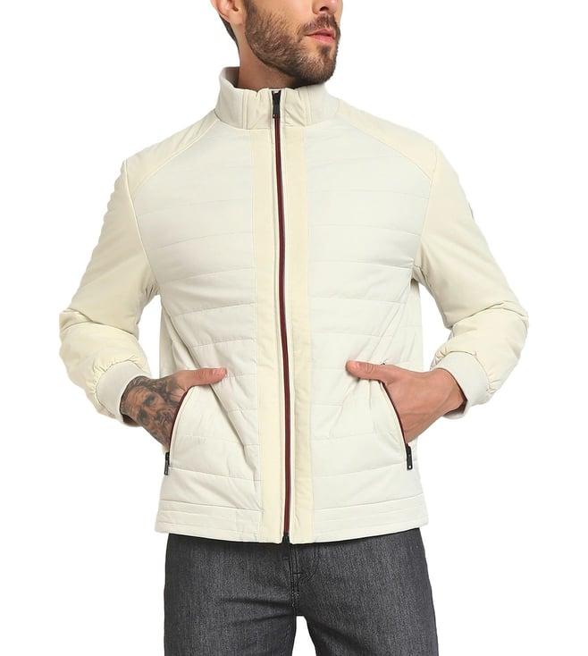 guess men's beige polyamide quilted regular fit high neck full sleeve jacket