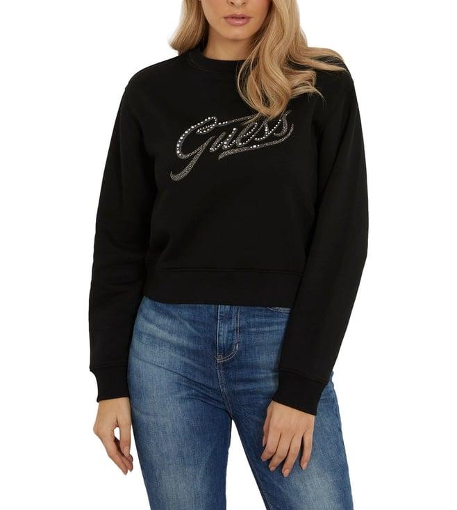 guess women's black polycotton crystal regular fit crew neck full sleeve sweatshirt