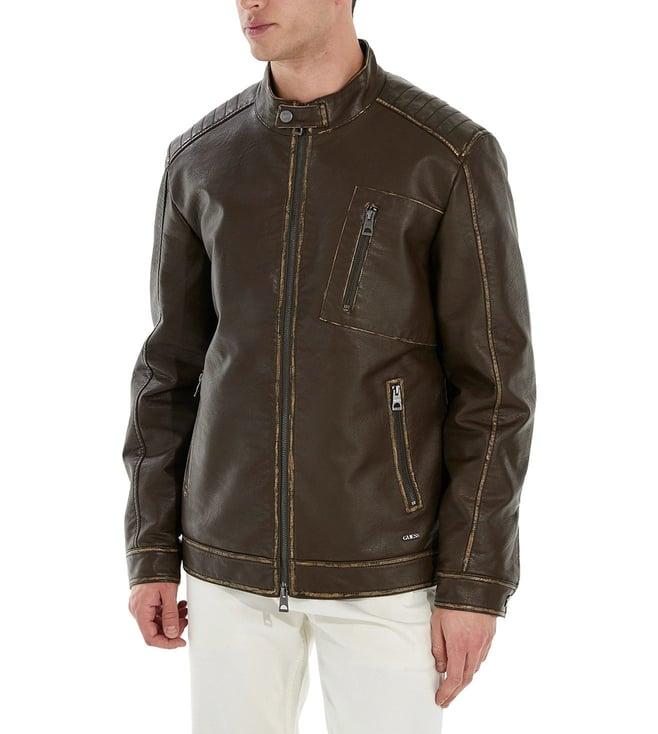 guess men's brown polyurethane solid regular fit high neck full sleeve jacket