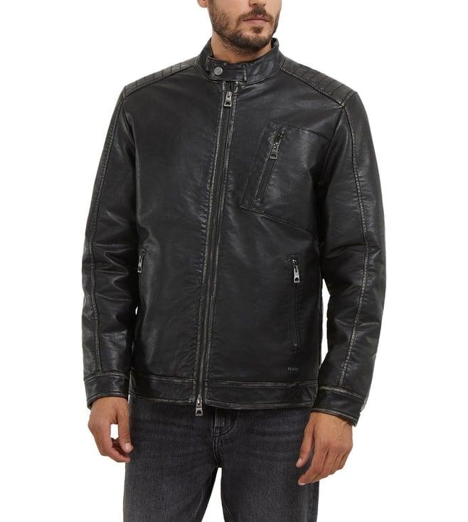 guess men's black polyurethane solid regular fit high neck full sleeve jacket