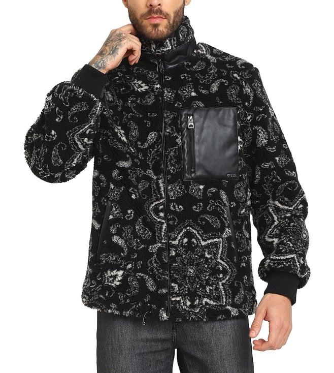 guess men's black polyester paisley regular fit fur collar full sleeve jacket