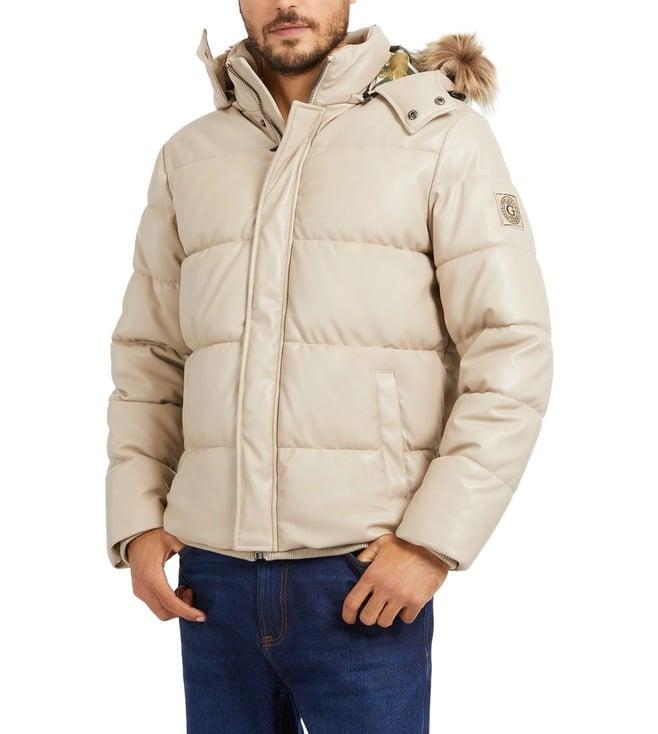 guess men's beige polyurethane solid regular fit hooded neck full sleeve jacket