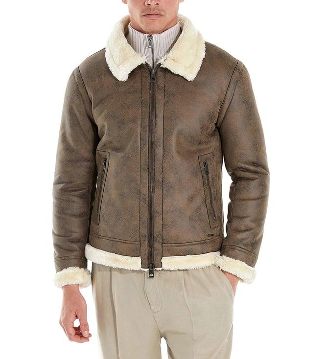 guess men's brown polyester solid regular fit fur collar full sleeve jacket