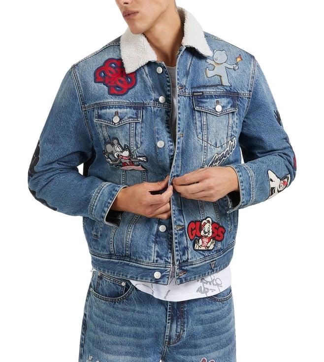 guess men's blue cotton printed regular fit fur collar full sleeve denim jacket