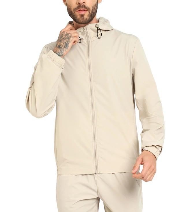 guess men's beige polyamide solid regular fit hooded neck full sleeve jacket