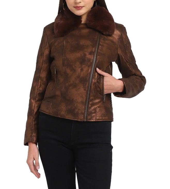 guess women's brown polyurethane washed regular fit jacket