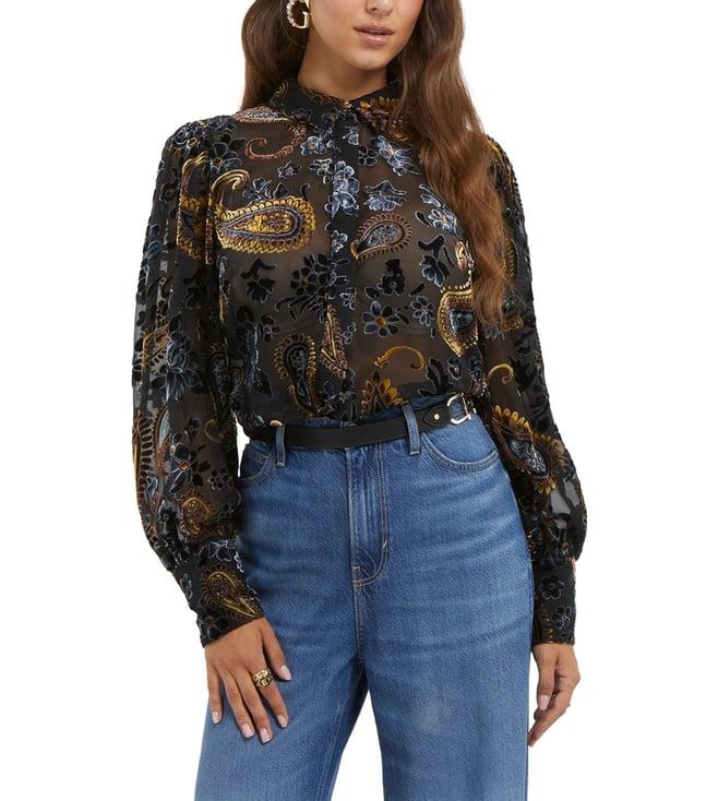 guess women's black viscose paisley regular fit shirt