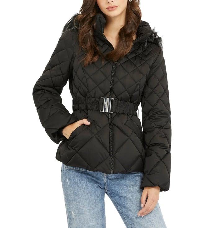 guess women's black polyester quilted regular fit jacket