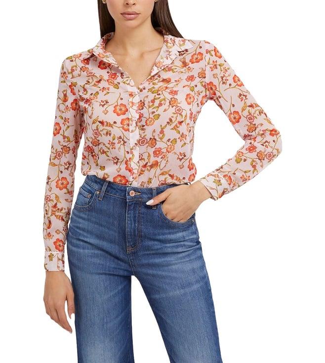 guess women's pink polyester floral regular fit shirt