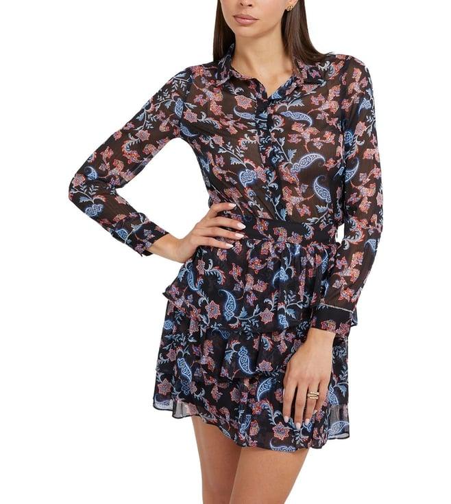 guess women's black polyester floral regular fit shirt