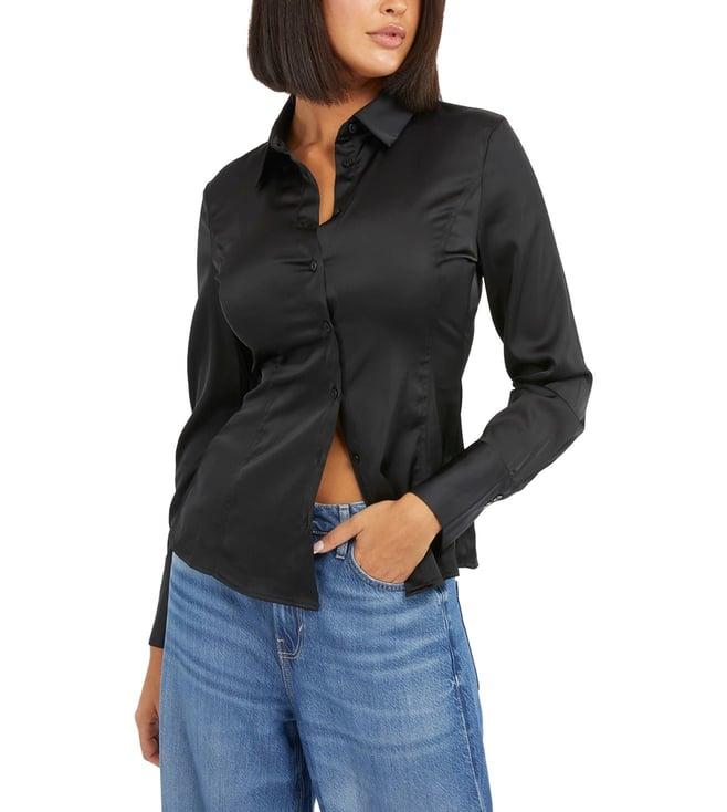 guess women's black polyester solid slim fit shirt