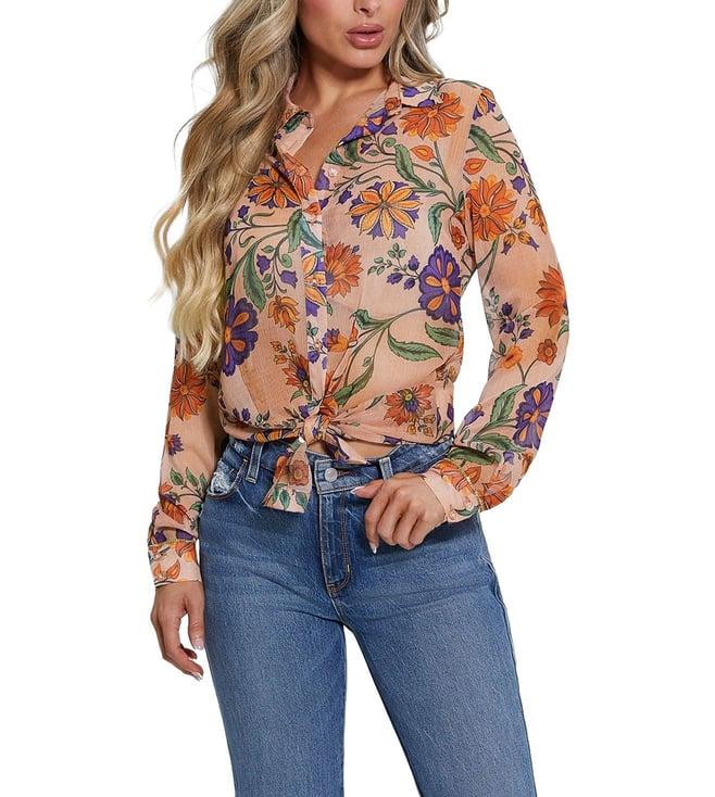 guess women's brown polyester floral regular fit shirt