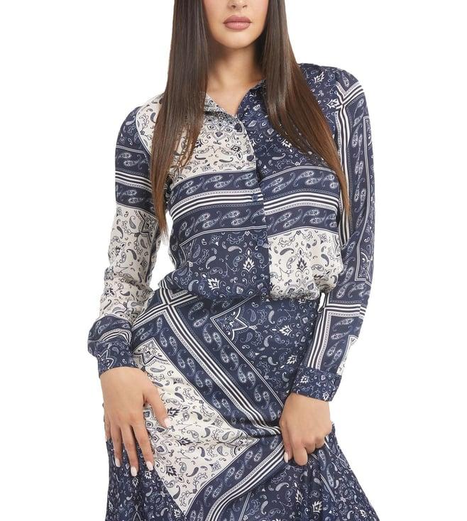 guess women's blue polyester paisley regular fit shirt