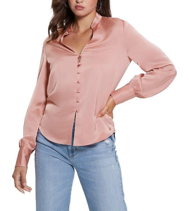 guess women's pink polyester solid regular fit shirt