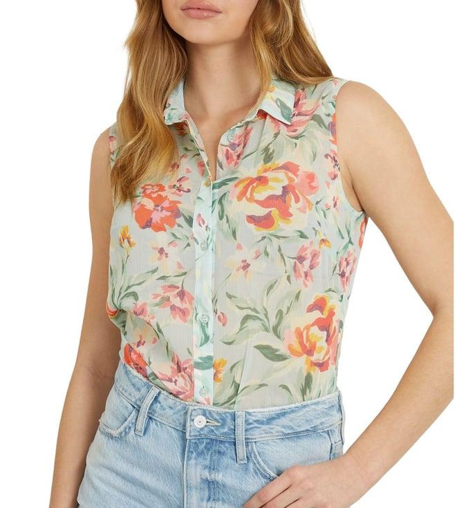 guess women's green polyester floral regular fit shirt