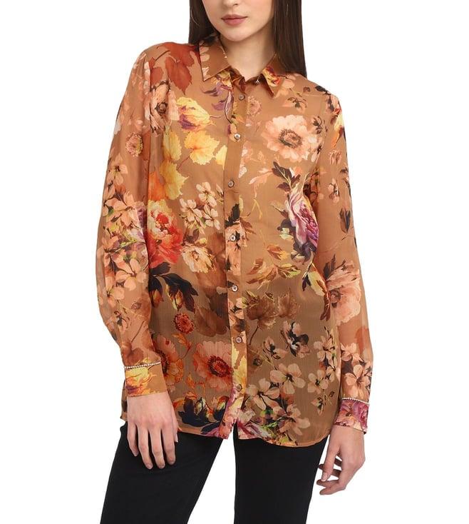 guess women's rust polyester floral print regular fit full sleeves shirt