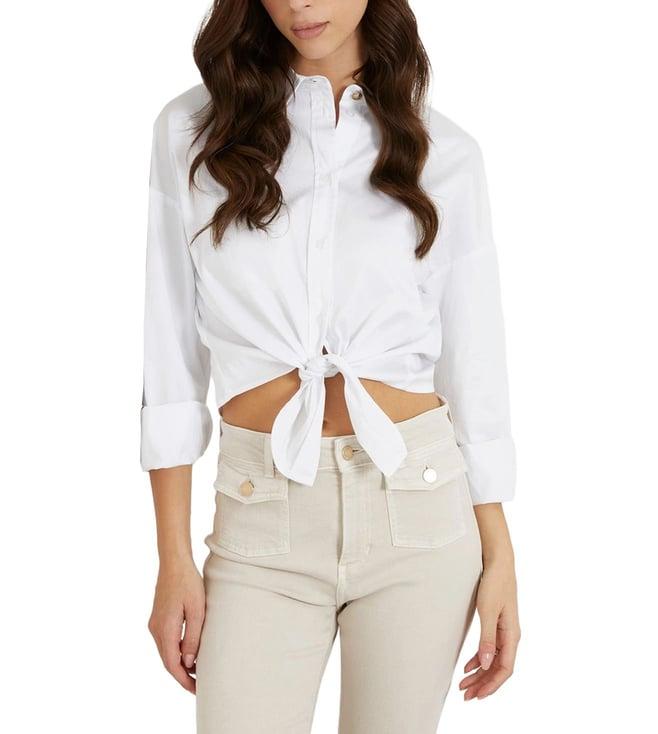 guess women's white cotton solid slim fit full sleeves shirt